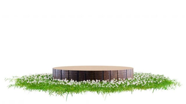 Wood round exhibition stand, podium or pedestal on surface patch covered with green grass rotated on white background. Realistic natural element for presentation. 3d animation with alpha channel.