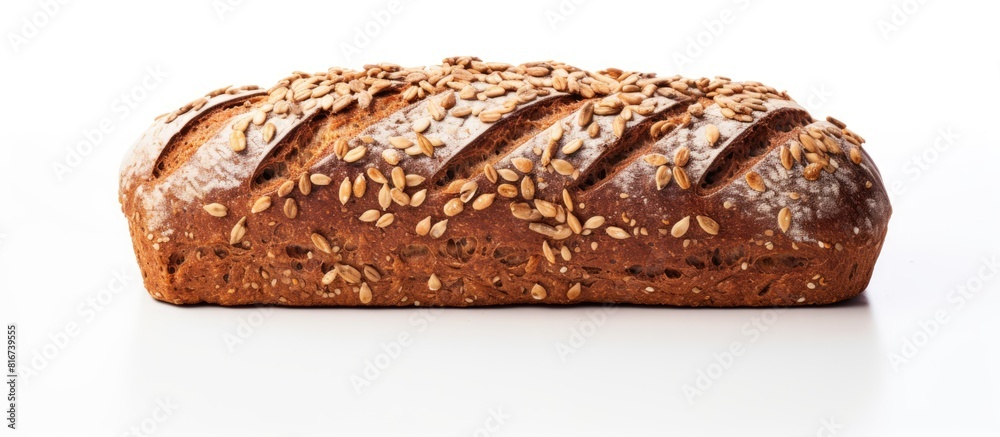 Poster a top view image of a rye dark bread loaf with grain and sunflower seeds isolated on a white backgro