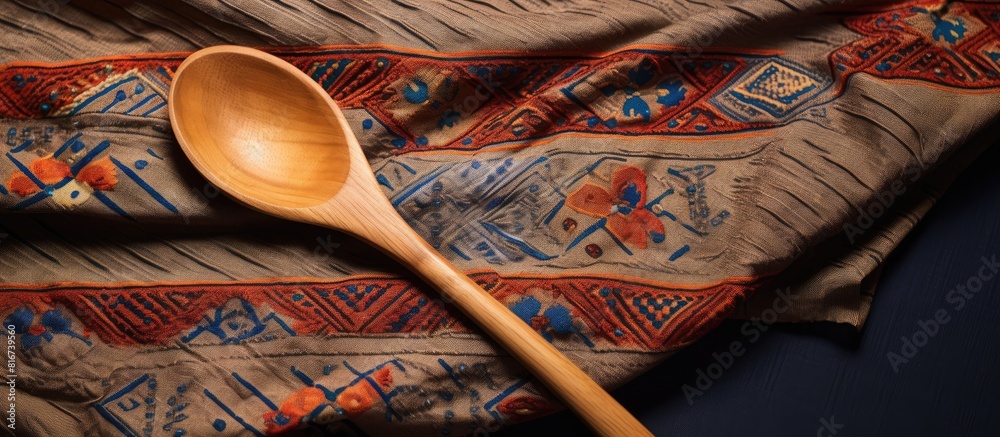Aufkleber A wooden cooking spoon is seen on a patterned cloth providing a visual representation of cooking with organic materials The image includes a background with textured elements as well as copy space for