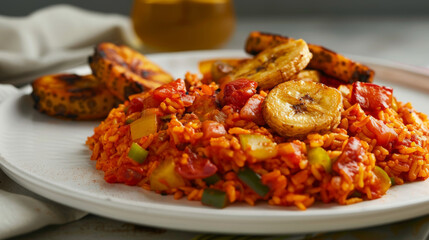 Fototapeta premium Tantalizing plate of spicy jollof rice garnished with fried plantains, tomatoes, and peppers, representing authentic african cuisine