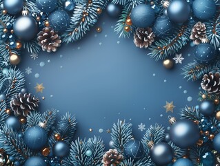 Christmas blue background for card, banner, web. Snowflakes, New Year's balls, stars, cones, fir branches. New Year celebration.