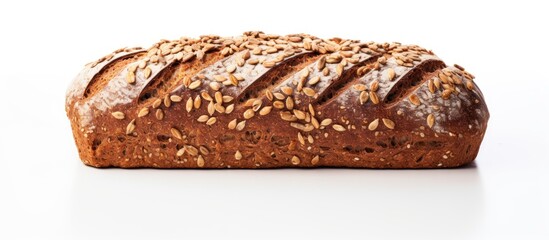 A top view image of a rye dark bread loaf with grain and sunflower seeds isolated on a white background featuring copy space