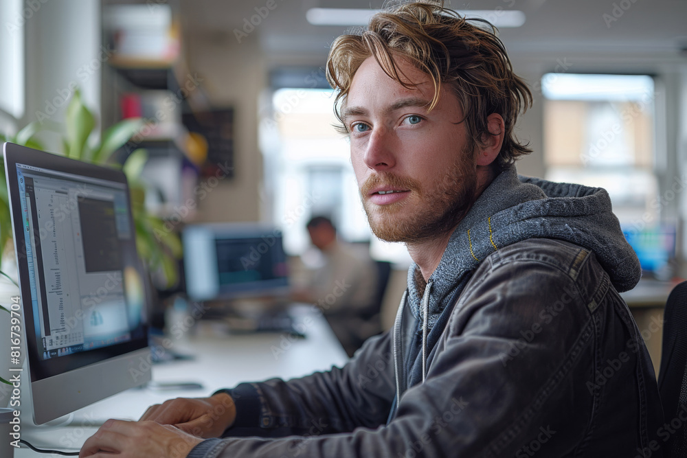 Leinwandbilder a male hip web developer at work in a modern office space. from side perspective. generative ai.