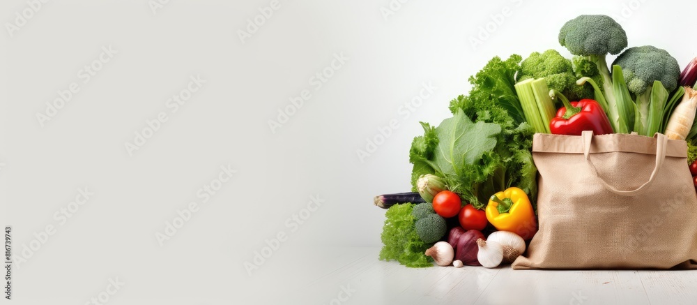 Poster vegetables and fruits in a paper bag on a white background ideal for promoting healthy vegan vegetar