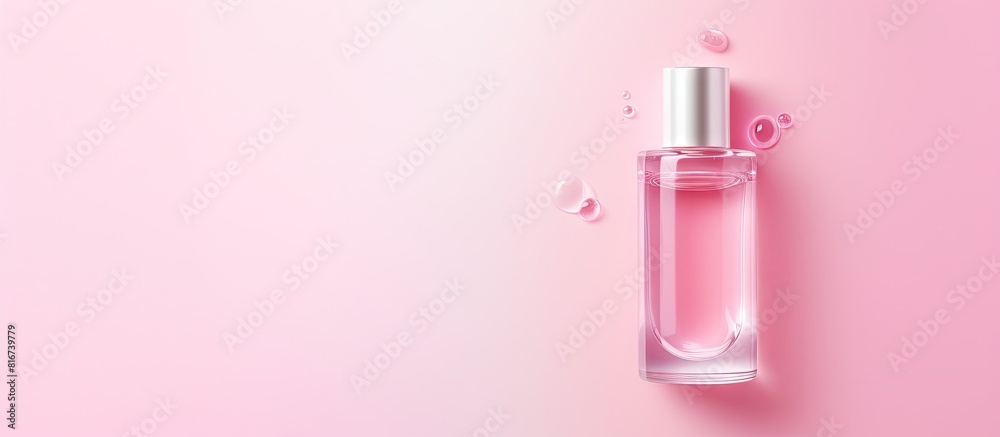 Poster Top down view of a cosmetic serum placed on a pink background creating an ideal copy space image for text placement