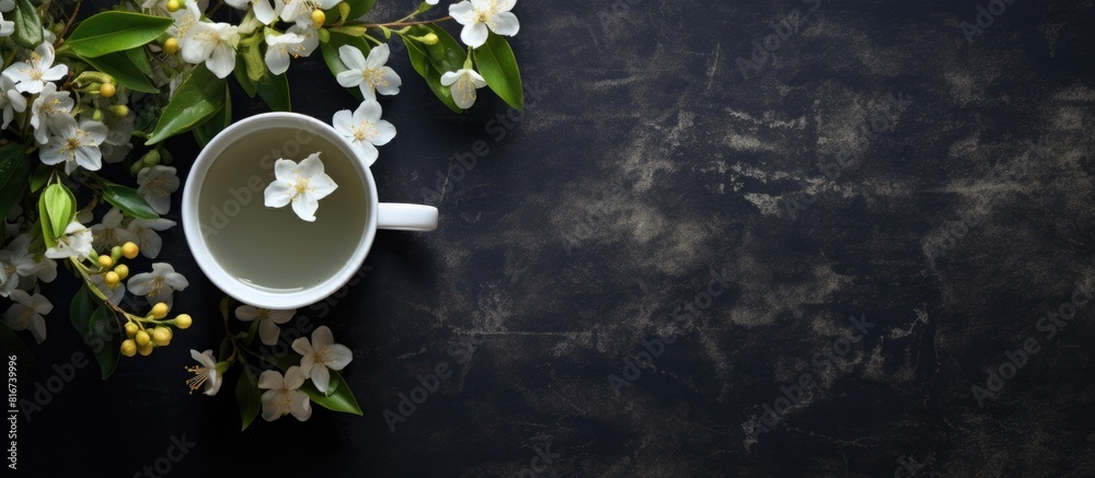 Poster Top view of a dark textured background featuring a captivating tea jasmine setting highlighted by a teapot leaves and flowers leaving abundant copy space for further additions