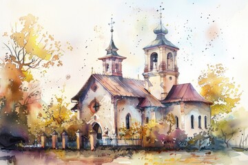 Serene watercolor painting of a church in autumn, suitable for seasonal designs