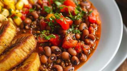 Close-up of a flavorful african bean stew garnished with herbs alongside golden fried plantains,...