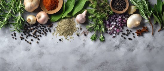 A top down view of herbs and condiments arranged on a light stone background providing ample space for text or other images