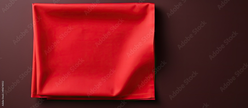 Poster The red kitchen napkin is placed on a table viewed from the top The folded cloth is isolated and ready for use in a mockup Flat lay photography is used for a minimalist aesthetic Copy space is availab