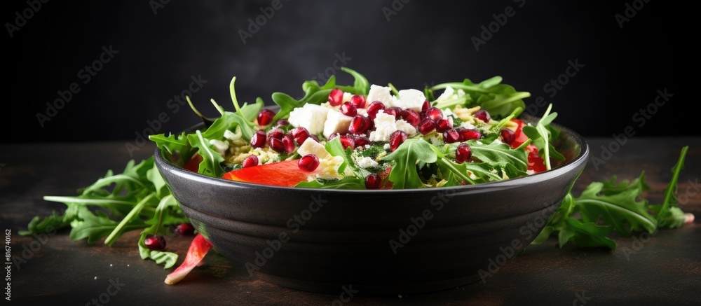 Poster A vibrant salad of rucola feta cheese red onion and pomegranate seeds is presented in a black bowl set against a chalkboard background providing the perfect copy space image