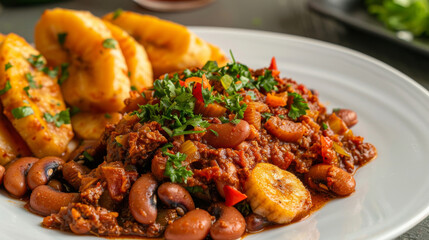 Fototapeta premium Close-up of a delicious african dish featuring red beans, spicy tomato sauce, fried plantains, and fresh parsley on a white plate