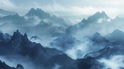 Misty Mountain Landscape A misty mountain landscape with jagged peaks and rolling hills softly blurred in the distance creating a sense of depth and mystery in the natural world.