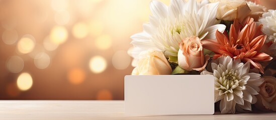 A white gift card is nestled within a beautiful bouquet of flowers creating a lovely composition with plenty of copy space