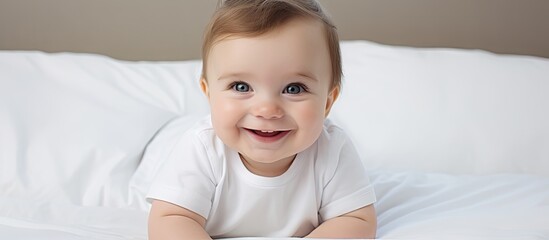 A smiling baby boy only four months old is lying in bed wearing a white bodysuit. with copy space image. Place for adding text or design
