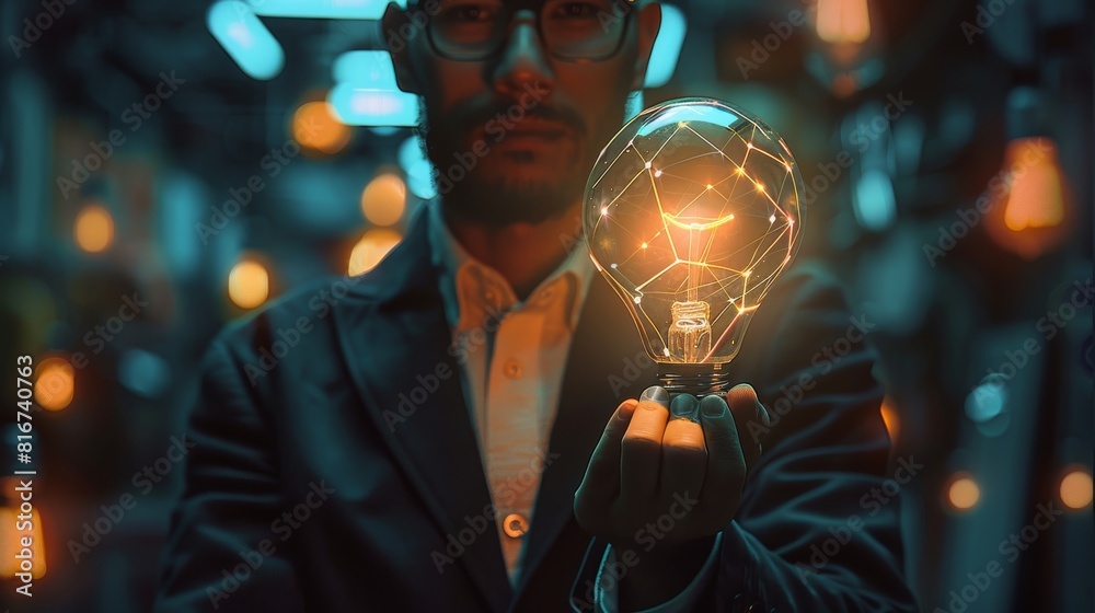 Poster vibrant visuals showcasing a businessman holding a light bulb linked to the future internet, symboli