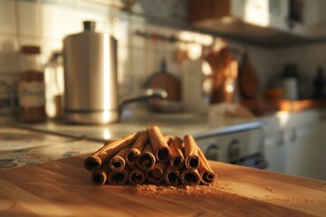 Cozy kitchen setting with sunlight illuminating a bundle of cinnamon sticks and scattered powder on a countertop
