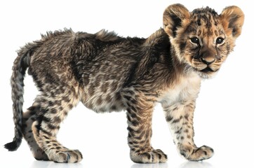 Fototapeta premium A young lion cub stands alert on a white background, its spotted fur hinting at its wild lineage and future strength..