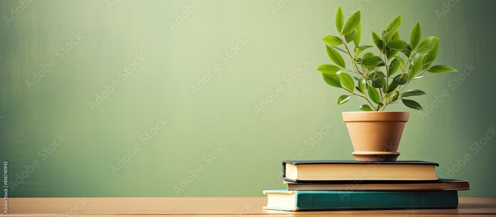 Aufkleber Top view of an open empty book with an ornament plant on a stack of books in a library room The image includes copy space and text and represents the concept of back to school and education