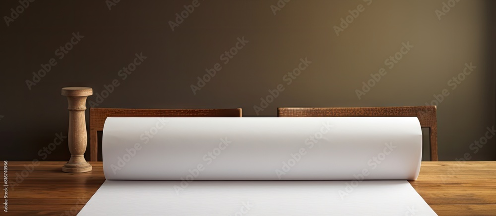 Aufkleber On the table there is a roll of paper with a blank area for text. with copy space image. Place for adding text or design