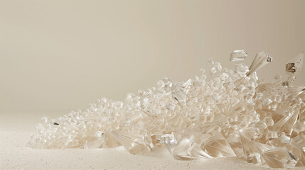 Elegant Display of Crystal Glass Fragments on a Sandy Surface