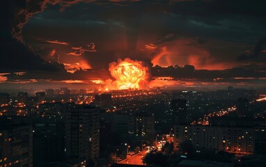A retro-style image depicts an intense explosion over a cityscape at night, creating an atmosphere of science fiction and historical drama..