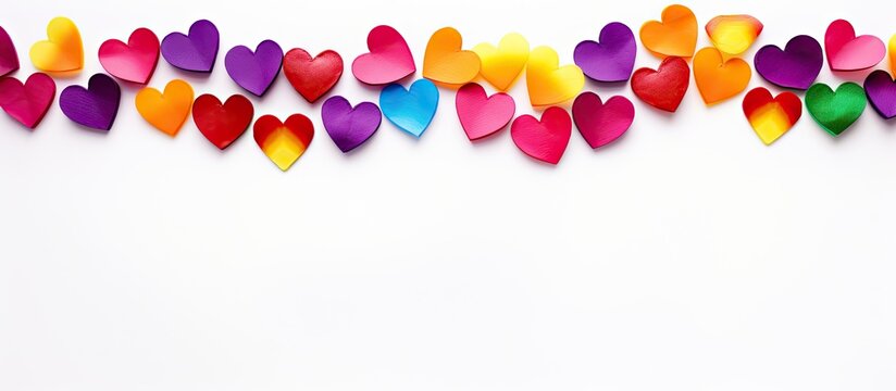 A vibrant eye catching LGBT themed Valentine s Day banner featuring abstract rainbow hearts The image is isolated on a white background with a patterned border offering a top down view Copy space ima