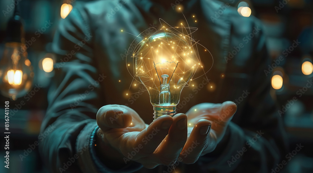 Poster vibrant visuals showcasing a businessman holding a light bulb linked to the future internet, symboli