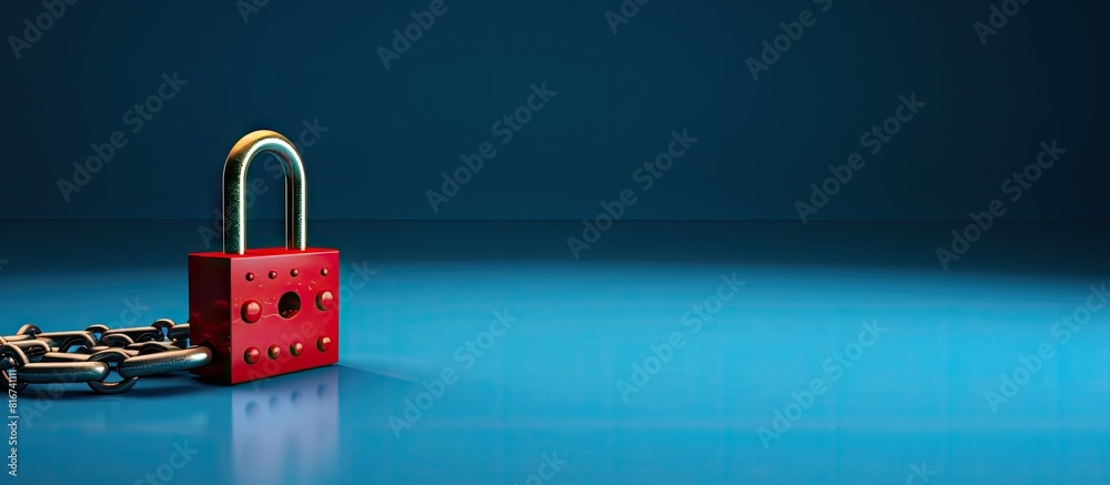 Poster A safety concept is illustrated with a red chain and padlock against a blue background creating copy space for additional content