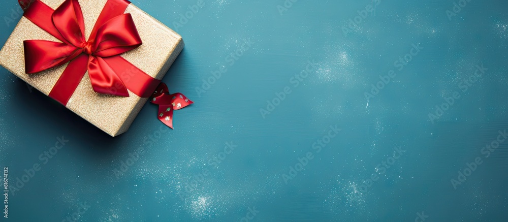Poster Top view of a gift box with a red bow on a blue background serving as a holiday background Perfect for copy space image