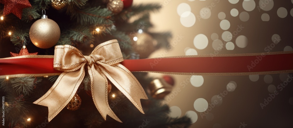 Poster There are two ribbons hanging on the Christmas tree creating an elegant and festive display The placement of the ribbons adds a touch of color and brightness to the tree which enhances the overall ho