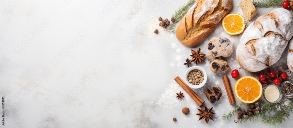 Poster a top view of homemade stollen ingredients on a white marble table creating a visually appealing cop
