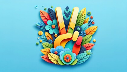 Paper art of a vibrant hand victory symbol surrounded by a floral arrangement on a bright blue backdrop