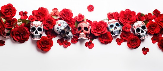 A white background flat layout featuring a traditional sugar skull for the Mexican holiday Dia de Muertos adorned with red flowers providing ample copy space for additional elements