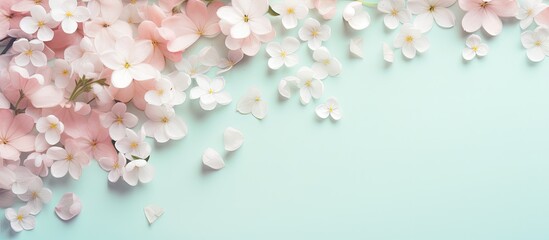 Valentine s Day and Women s Day copy space image with pink white and green flowers along with petals on a pastel vintage festive template background © vxnaghiyev