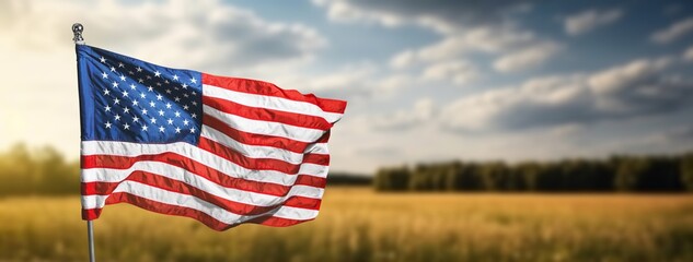 Waving Flag of United Stated of America on nature background