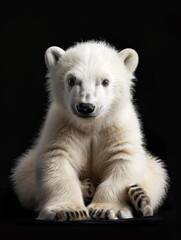 Fototapeta premium A polar bear cub sits against a dark background, its white fur glowing softly as it looks curiously towards the viewer, embodying vulnerability and the need for conservation..