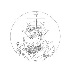 Fototapeta premium Behold the Lamb of God who takes away the sin of the world. Religious coloring page in Byzantine style on white background