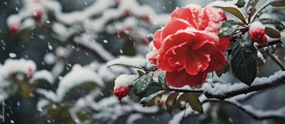 Poster A snow covered red camellia adds a touch of vibrant color to the winter scenery. with copy space image. Place for adding text or design