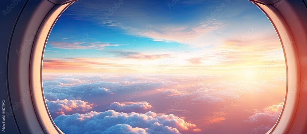 Poster a stunning sunrise view of a blue skyline with clouds captured through the window of a plane providi