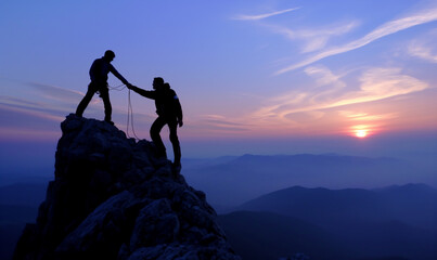 Silhouettes of two people climbing on mountain and helping. Teamwork of two men hiker helping each other on top of mountain climbing team beautiful sunrise. Help and assistance concept.