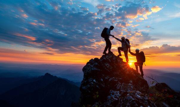 Group of young hikers with backpacks walks with backpacks and helps each other in climbing in sunset mountains - Powered by Adobe