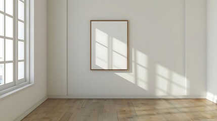 Bright empty room with blank picture frame on the wall.
