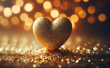 One heart, shiny golden background.