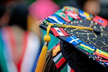A close-up of a graduation cap decorated with various small flags from different countries, symbolizing international education