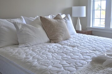 A simple, elegant white bed with pillows and blankets. Perfect for home decor or interior design projects