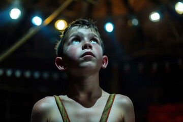 Portrait of an amazed boy looking upwards, illuminated by dramatic stage lighting
