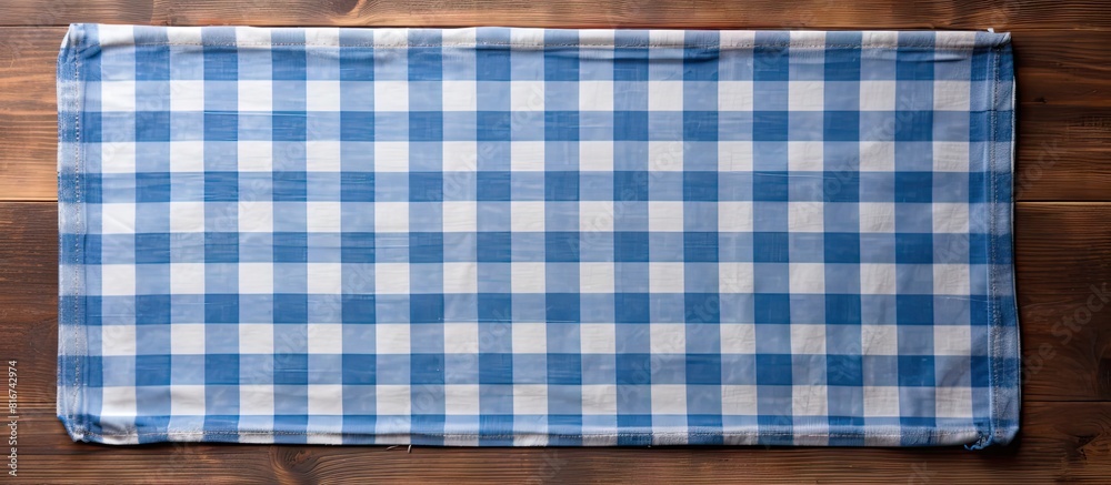 Poster a top down view of a blue table showcasing a wooden cutting board framed by a rustic plaid kitchen t
