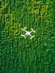 A bird's-eye view of a drone flying over cultivated fields, showcasing the intersection of modern technology with traditional agriculture. The vivid green hues speak to fertility within the farmland.
