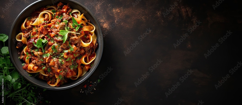 Poster the top view shows a black bowl filled with fettuccine pasta and beef ragout sauce placed on a grey 